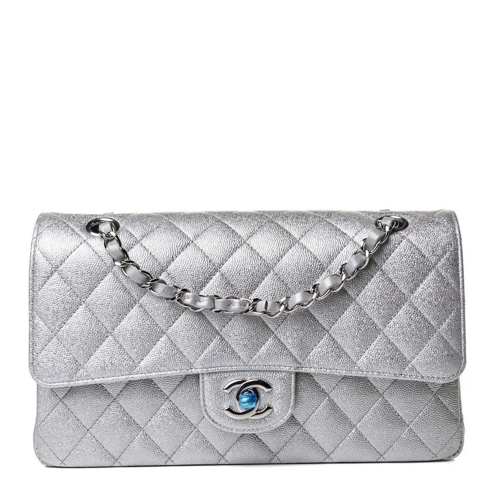 ❌❌ CHANEL 21K Glittered Silver Metallic Caviar Quilted Medium Double Flap CC bag - Picture 1 of 14